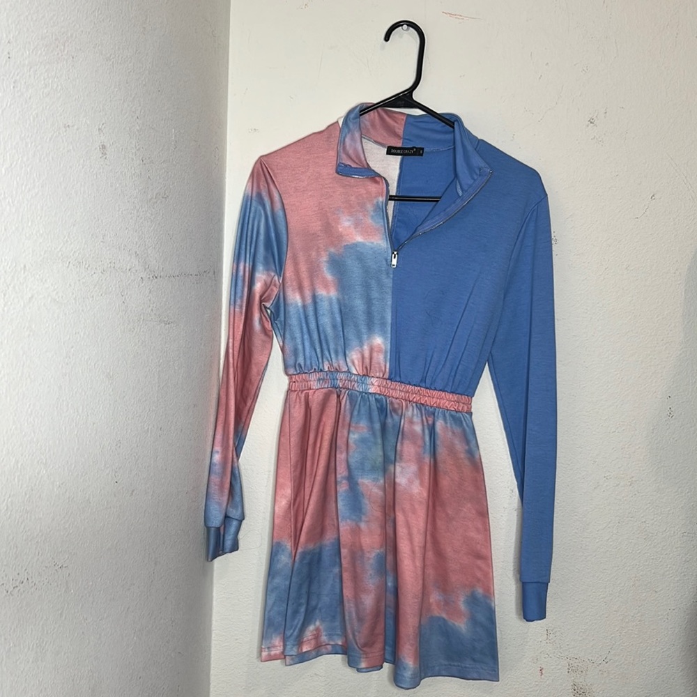 Double Crazy Long Sleeve Small Pink/Blue Dress